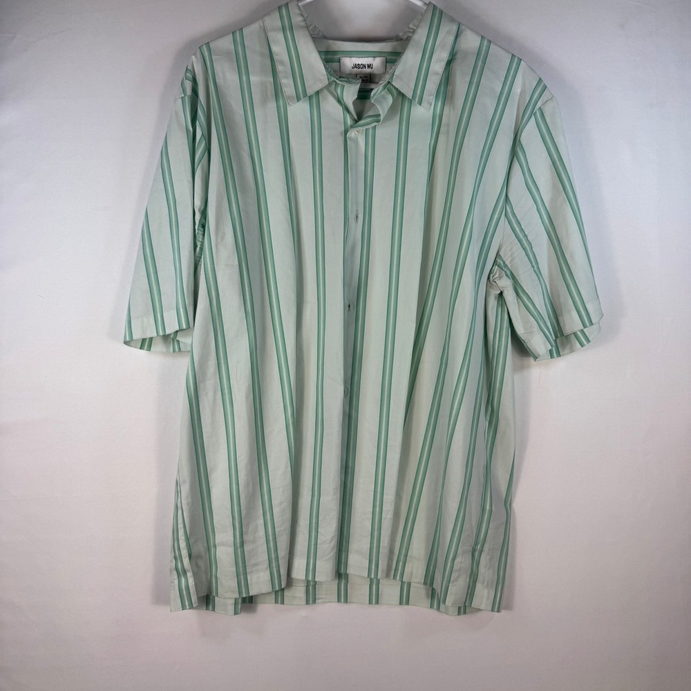 Jason Wu Mens XL Mint Green Striped Short Sleeve Button Down Camp Shirt